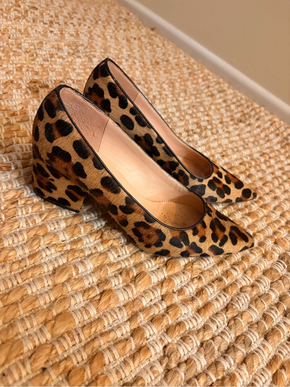 J Crew Leopard Print Pointed-Toe Block Heel Pumps - real calf hair & leather